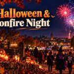 Halloween and Bonfire Night celebrations in the UK with pumpkins and fireworks