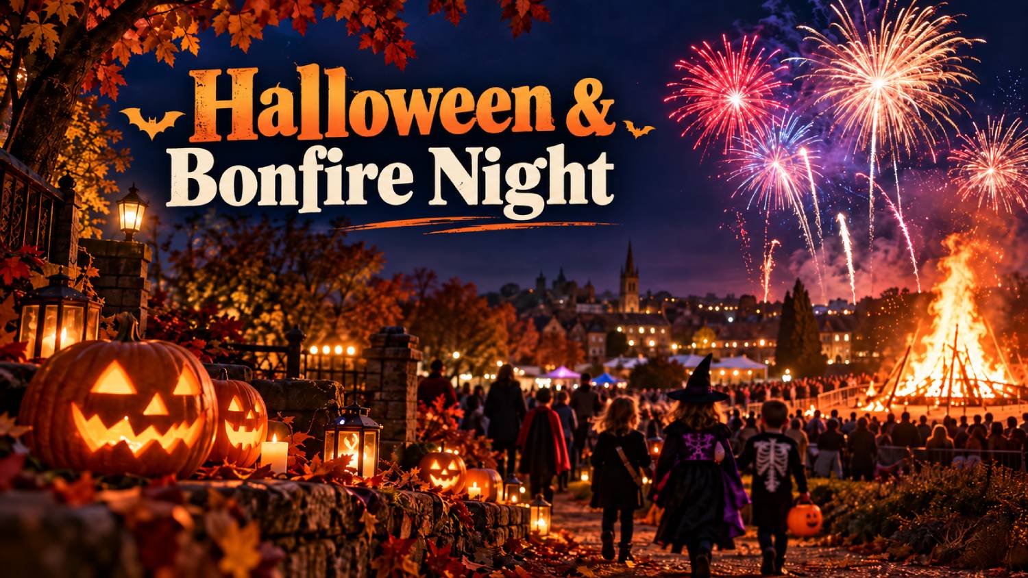 Halloween and Bonfire Night celebrations in the UK with pumpkins and fireworks